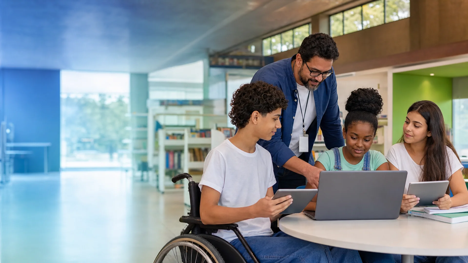 Profissionais de tecnologia e educação colaborando em ambiente digital moderno e inovador